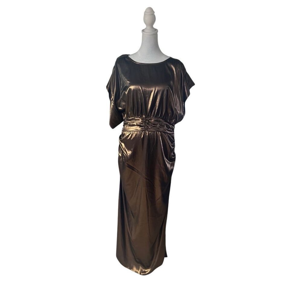 Misa Los Angeles Women's Gold Metallic Ruched Dolman Sleeve Midi Dress Large NWT